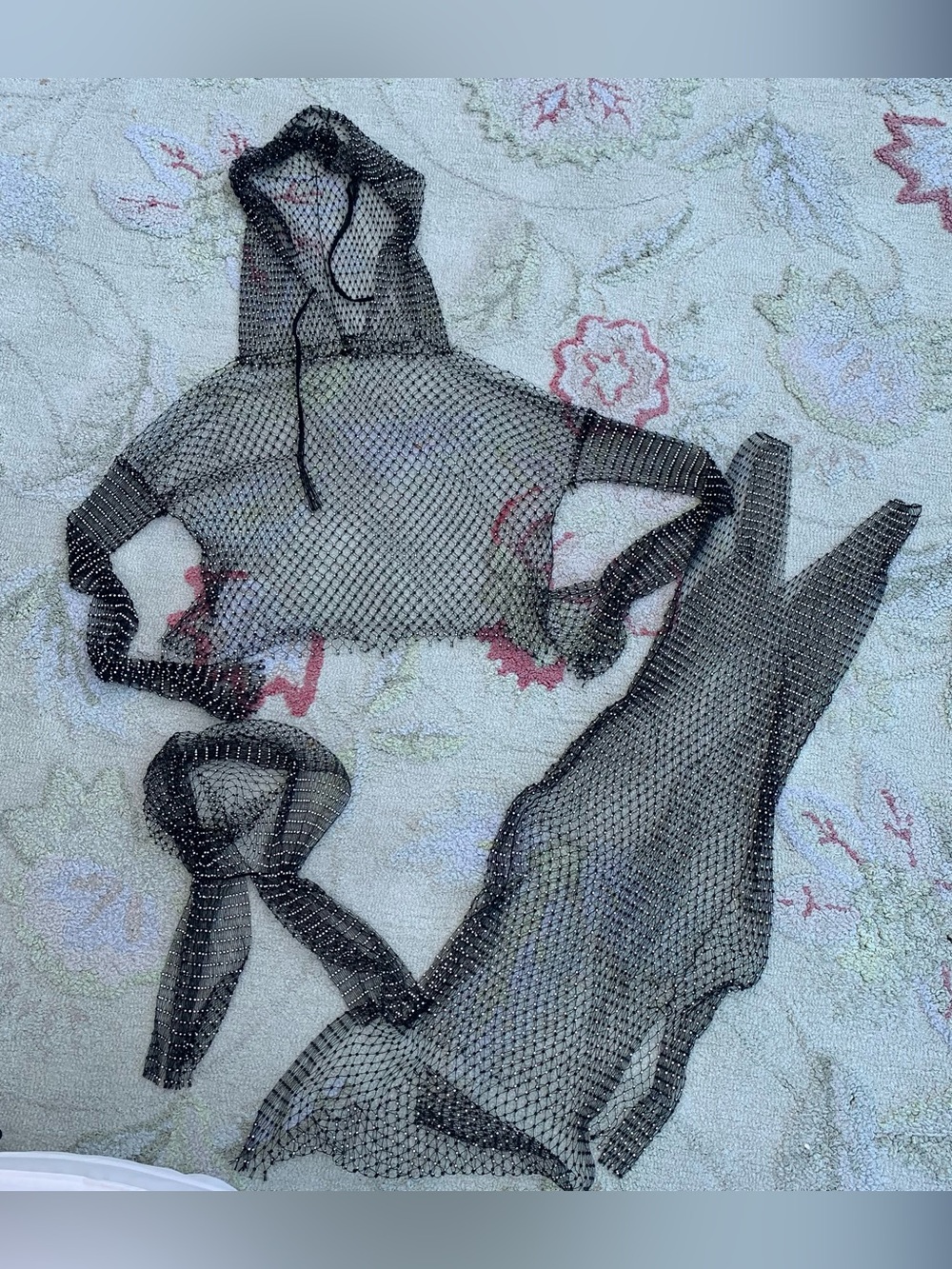 Sparkly Black Rhinestone Fishnet Mesh Set Hooded Crop Top & Maxi dress
